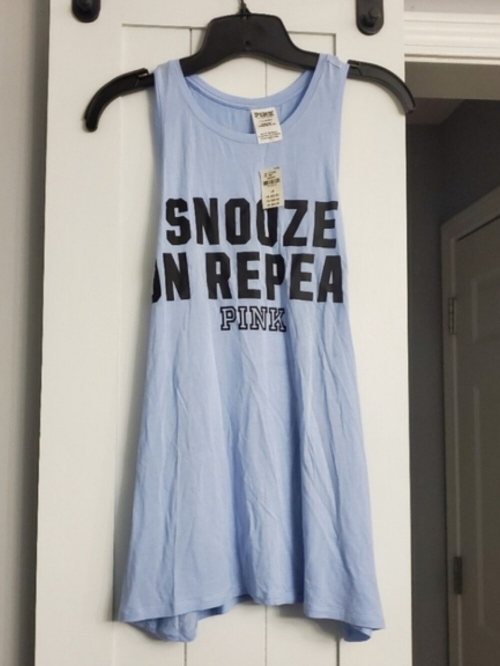 PINK Light Blue Sleeveless Sleep Tank - "Snooze On Repeat"